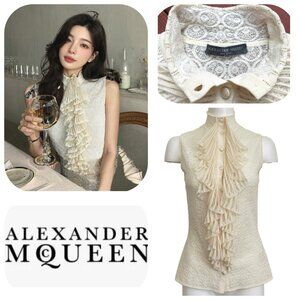 Alexander McQueen Jabot Collar Stretchy lace Sleeveless button up blouse L